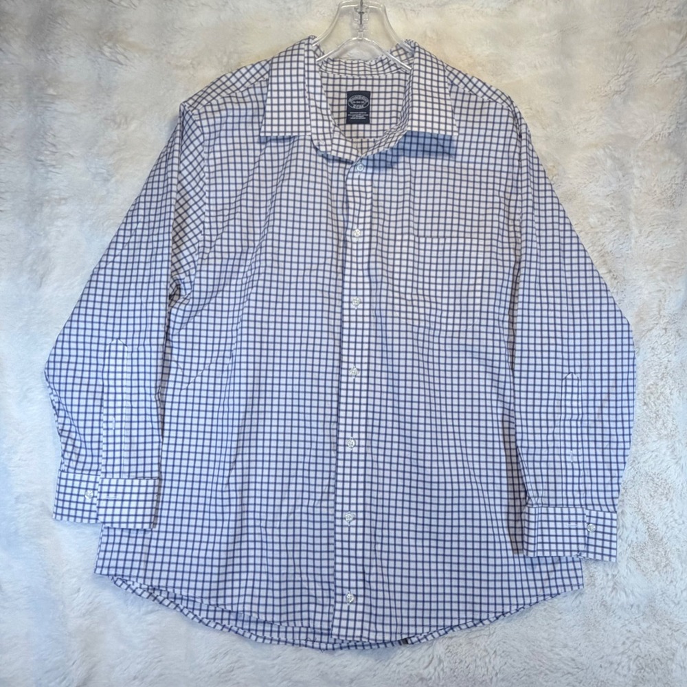 Brooks Brothers Stretch Shirt Mens 19 34/35 Blue White Check Supima Cotton